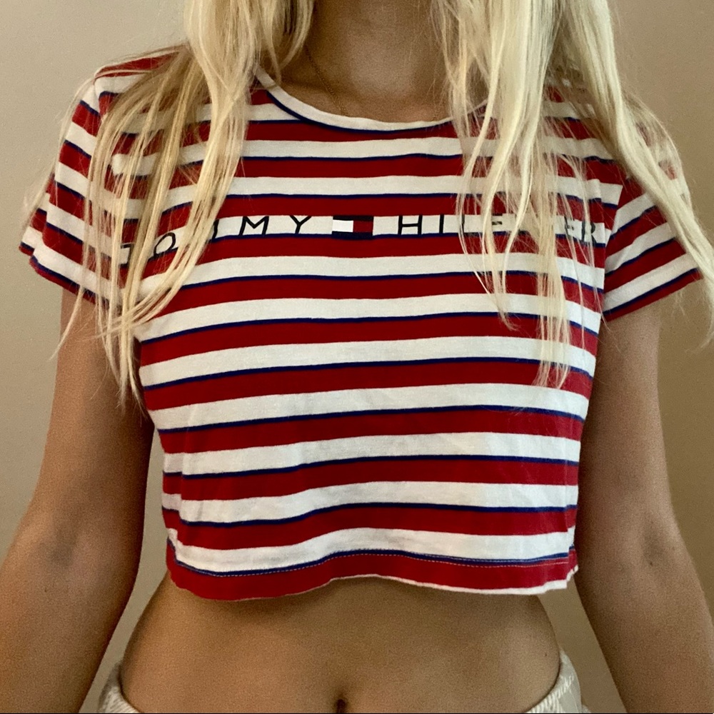 Tommy Hilfiger Red, White & Blue Striped Crop Top / Sleep Shirt